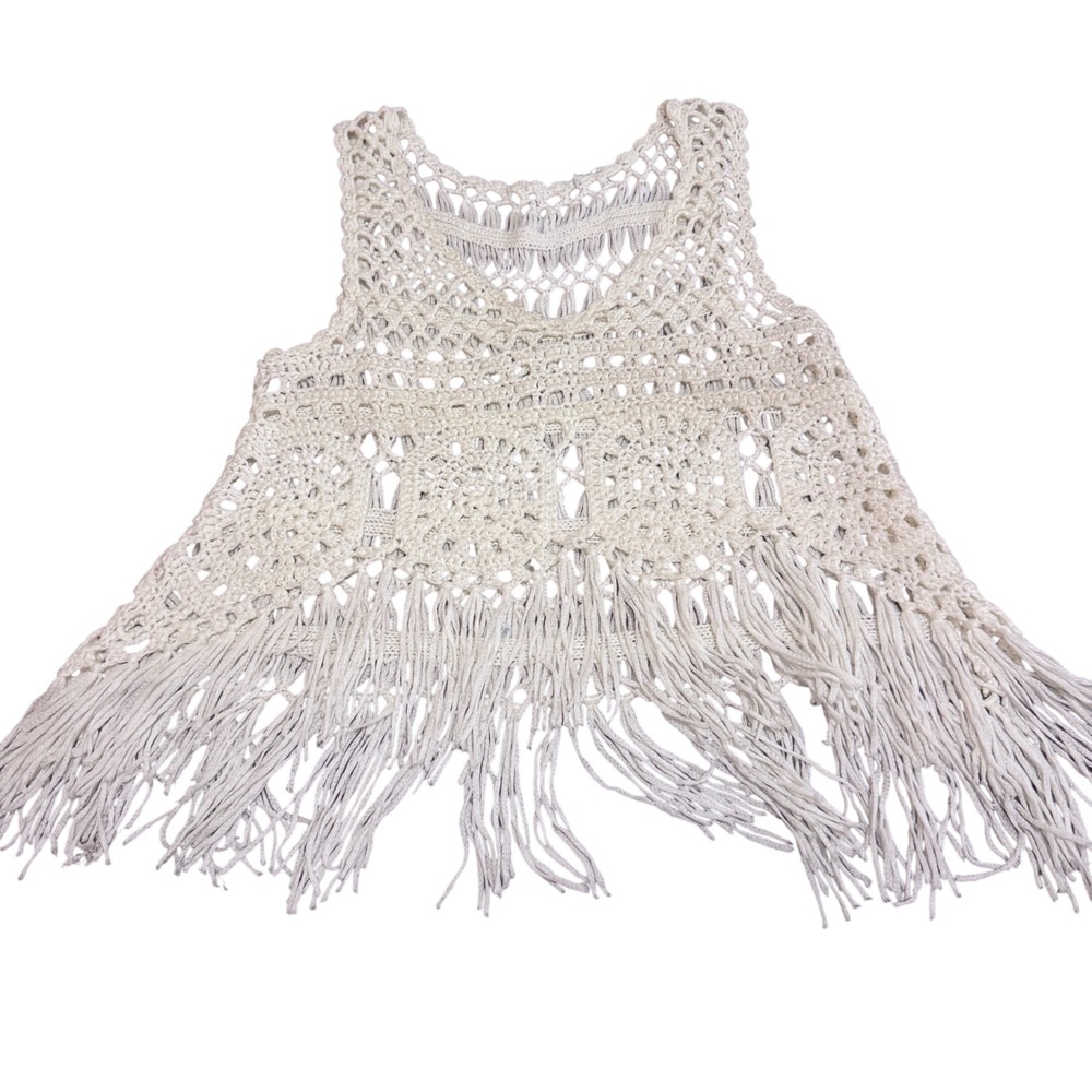 Boho Crochet Knit Fringe Tank Top Cream Open Weave Festival Sleeveless